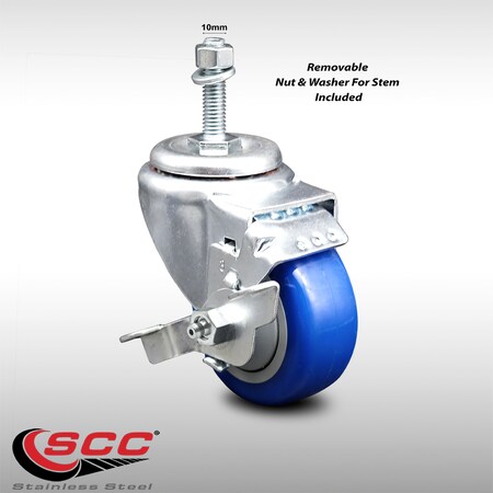 Service Caster 3.5 Inch SS Blue Polyurethane Swivel 10mm Threaded Stem Caster with Brake SCC-SSTS20S3514-PPUB-BLUE-TLB-M1015